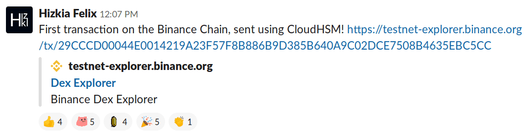 Screenshot of a message on Slack about the CloudHSM transaction, with multiple joyful reactions