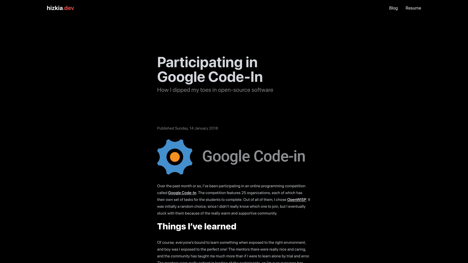 Screenshot of a blog post