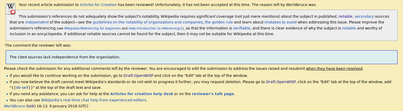 Screenshot of a notice on my Wikipedia user talk page stating the rejection of my article because the citations weren’t independent from the organization