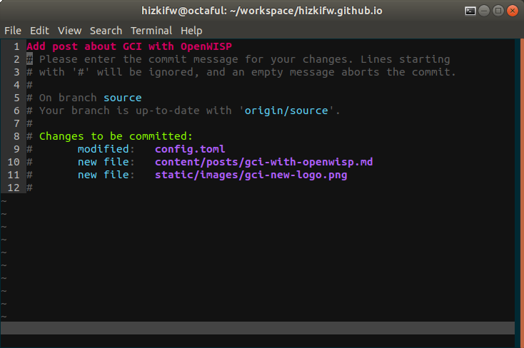 Screenshot of vim on a terminal editing a git commit message